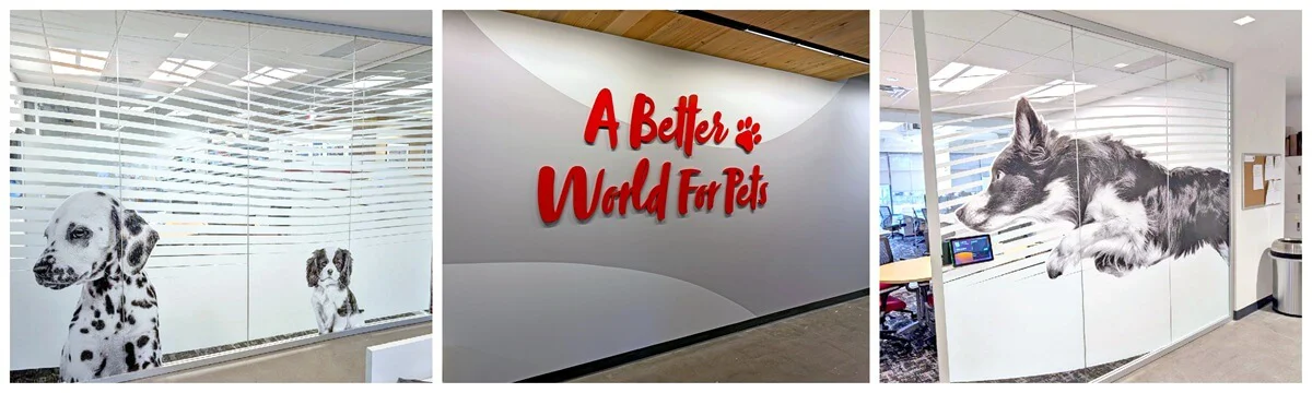 A collage of the privacy office vinyl window film featuring different dog breeds and the "A Better World For Pets" interior wall mounted signage.